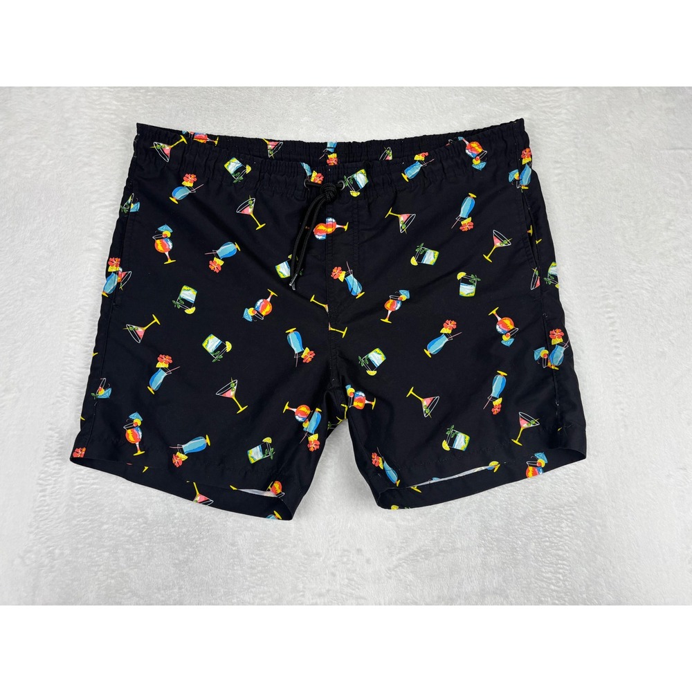 Hot Coals Mens Cocktail Drink Print Swim Trunks Black Size Medium